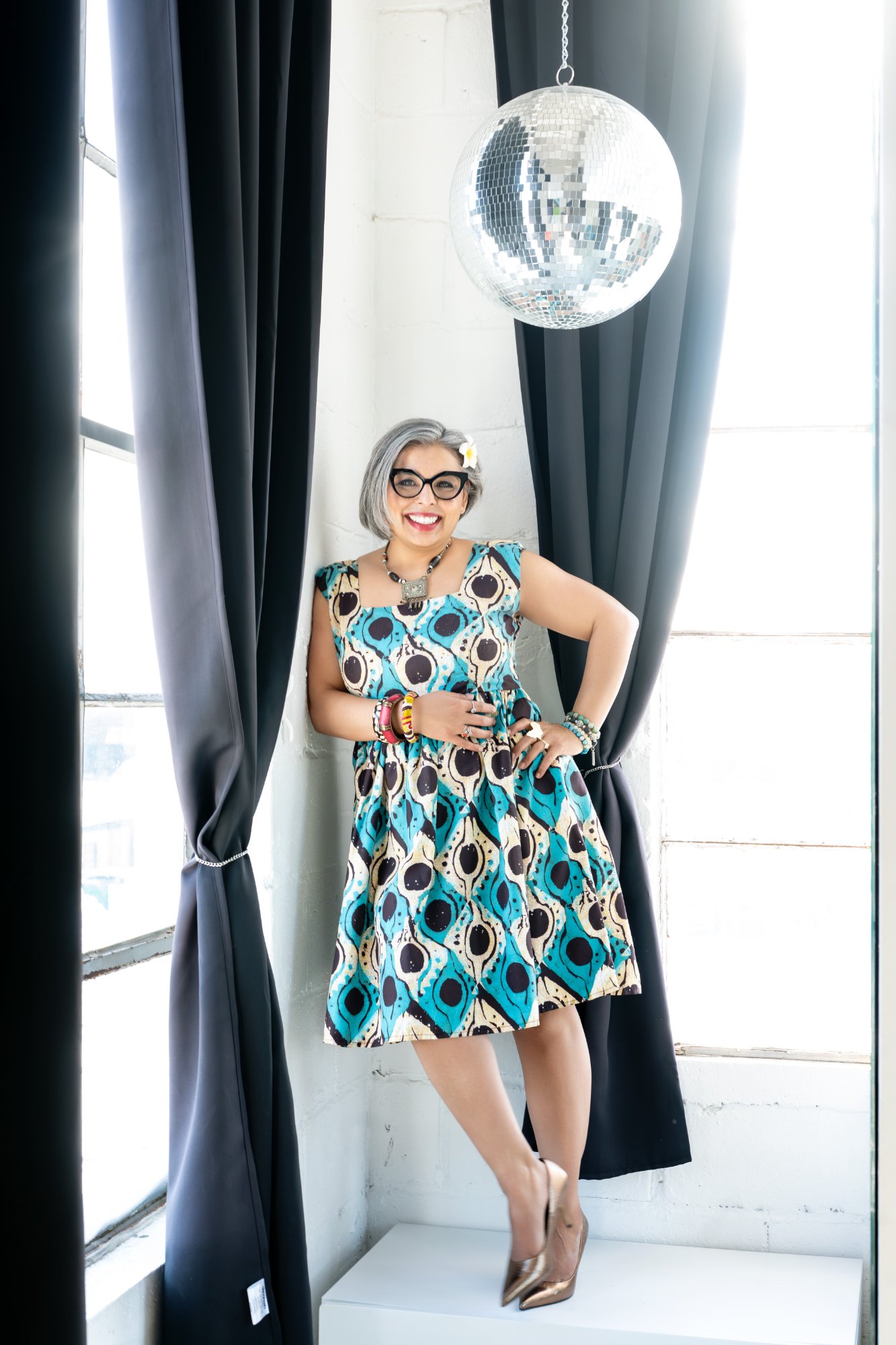 Karen Craggs with disco ball